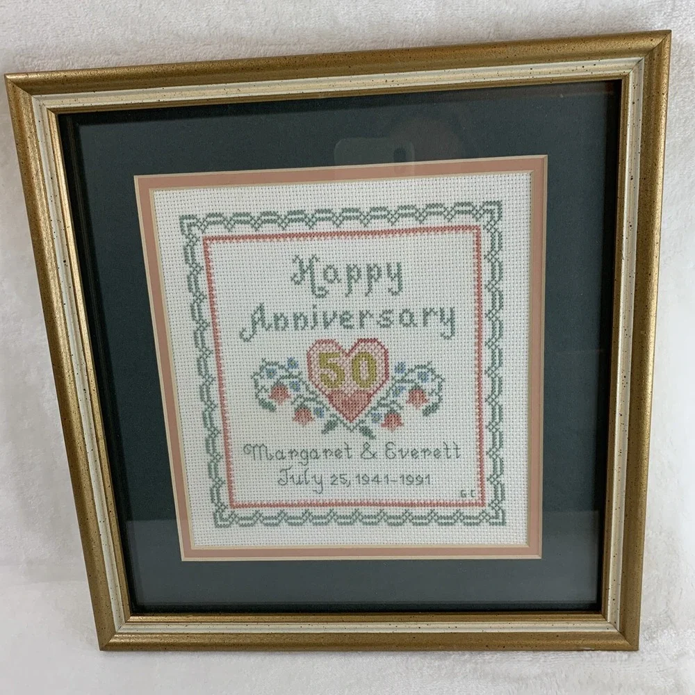 Vtg Framed Completed Cross Stitch 50th Happy Anniversary Floral Heart 12